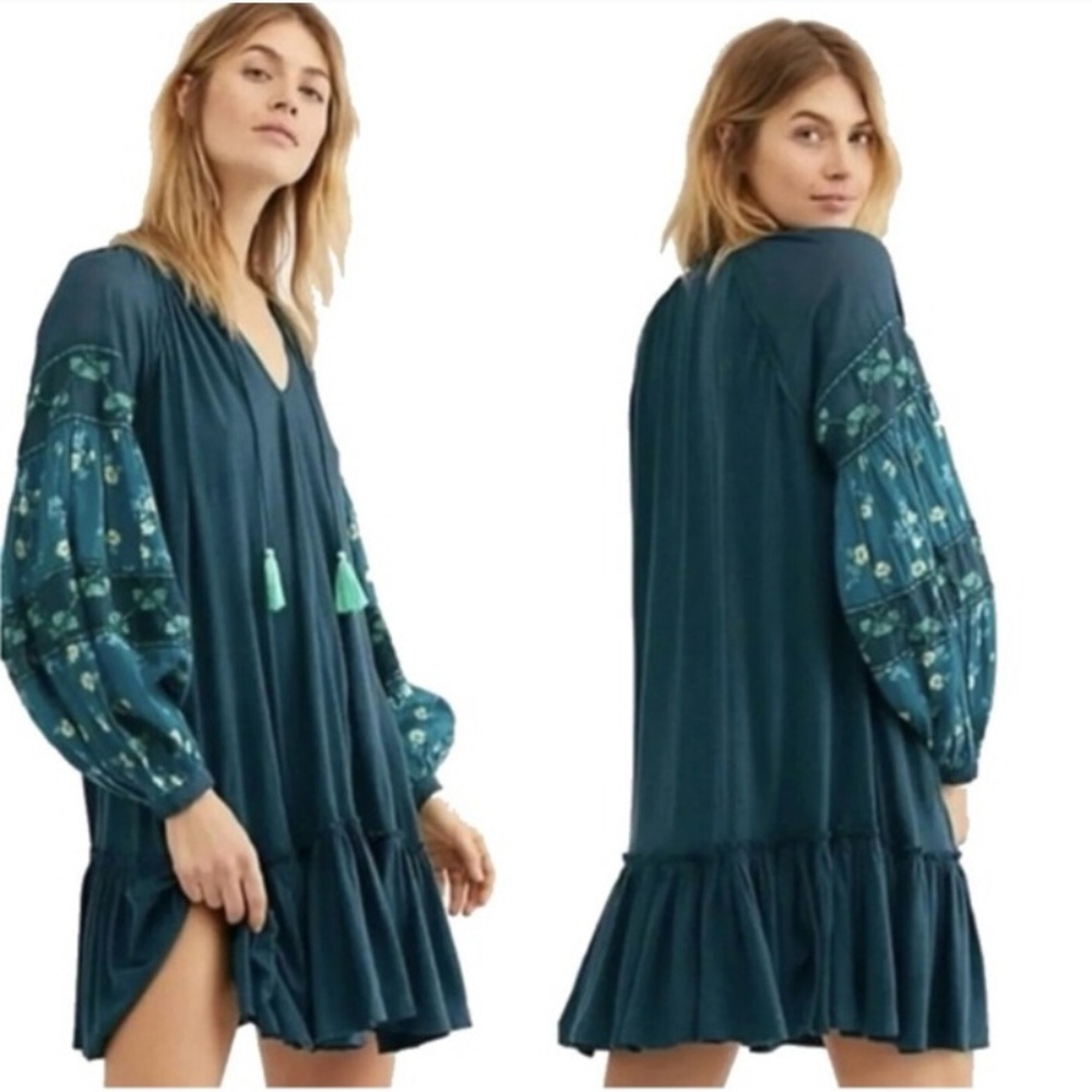 Free People Mix It Up Dress Green Boho Mini Balloon Sleeve Tassel Size Small